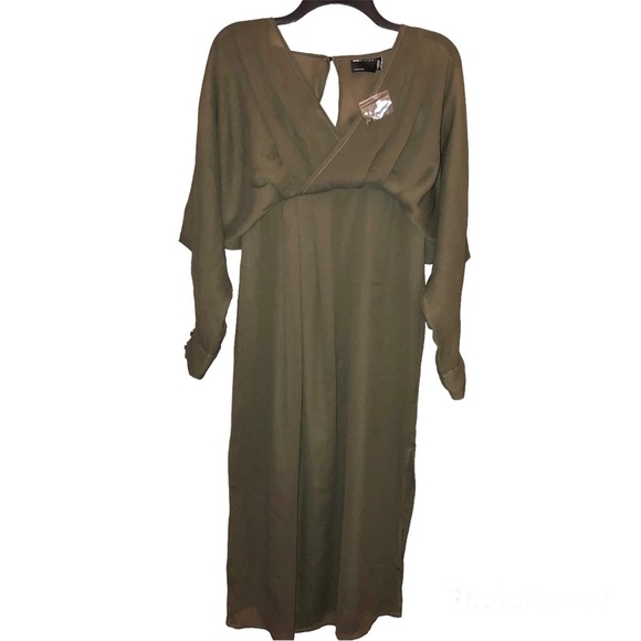 ASOS Design Long Sleeve V Neck Faux Wrap MIDI Dress Olive Green 4 - Picture 1 of 10